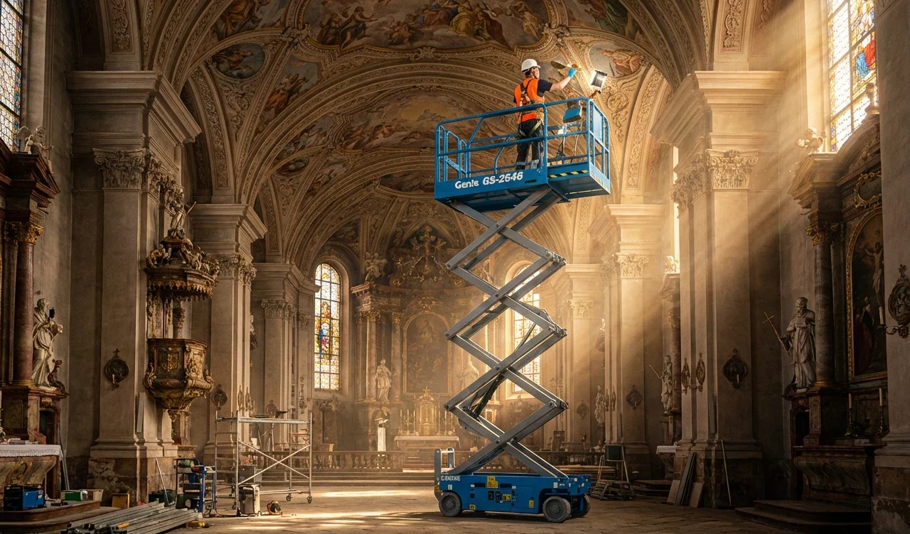 prace konserwacyjne na podnośniku nożycowym w kościele