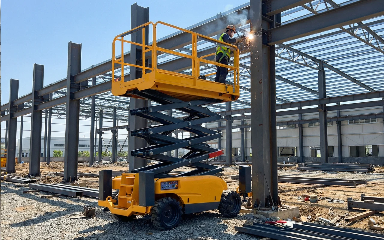 podnośnik nożycowy przy budowie konstrukcji stalowych hali