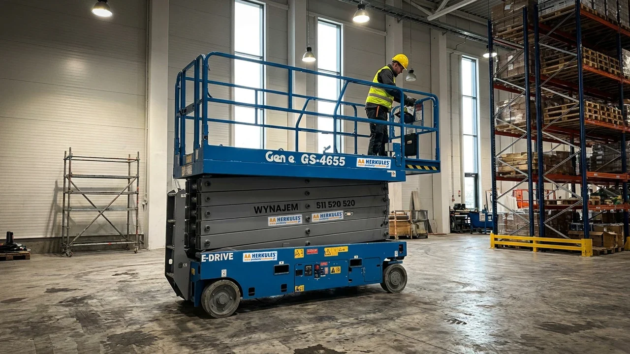 podnośnik nożycowy przy pracy w magazynie