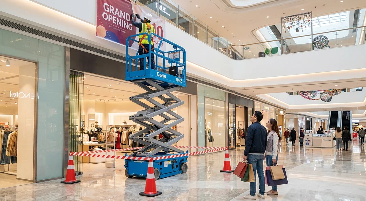 praca na wysokości w galerii handlowej z podnośnikiem koszowym